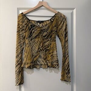 Women’s Mustard Tiger-Print Sheer Long-Sleeve Top